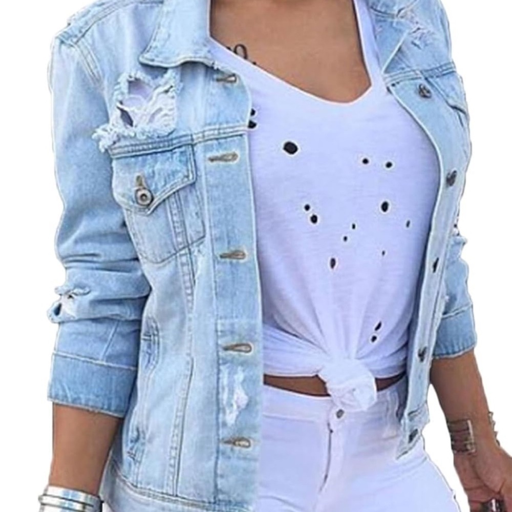 Women’s Distressed Denim Jacket | Jean Jacket Large Excellent Condition 🔥